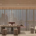 Modern Open Dining and Living Room With Marble Island Wooden Cabinets Sofa Bookshelf Light Strips