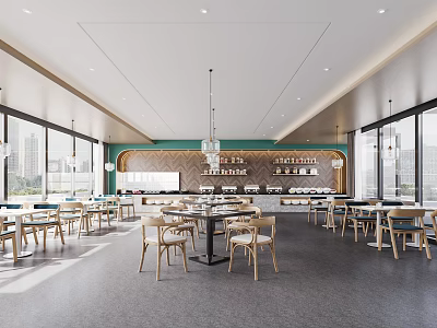 Spacious Modern Restaurant Interior With Open Layout Dining Tables Pendant Lights And Large Windows 3d model