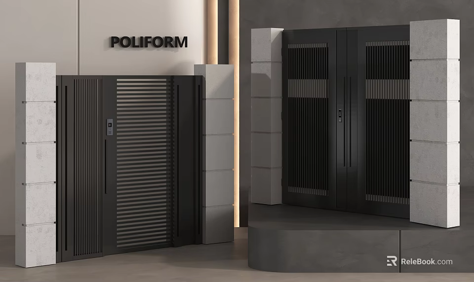 Modern Black Entry Door With Vertical Slats Design And Stone Wall Accent 3d model