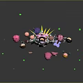 Central Fantasy Character Surrounded By Multiple Creature Heads With Colorful Hair And Green Glowing Dots
