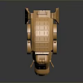 Golden Futuristic Mechanical Robot With Winged Structure Circular Components And Leg Supports