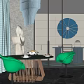 Modern Restaurant Interior Design With Green Chairs Glass Table And Blue Artwork