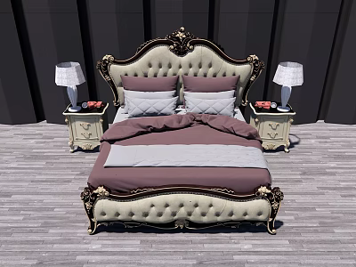 Luxury Double Bed with Ornate Gold Headboard Purple Gray Bedding and Nightstands with Table Lamps 3d model