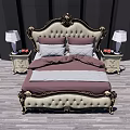 Luxury Double Bed with Ornate Gold Headboard Purple Gray Bedding and Nightstands with Table Lamps