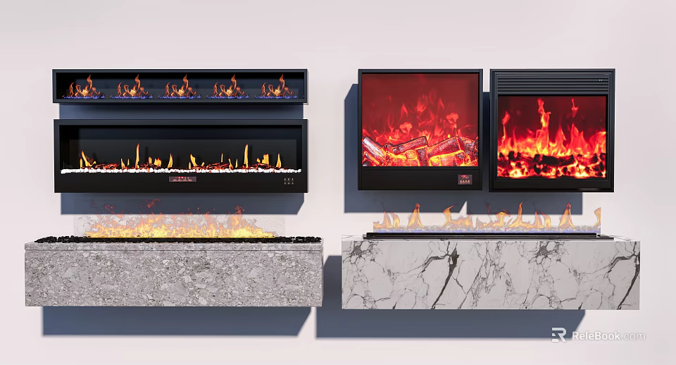 Various Modern Fireplace Designs With Realistic Flame Effects And Marble Stone Bases 3d model 