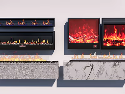 Various Modern Fireplace Designs With Realistic Flame Effects And Marble Stone Bases 3d model