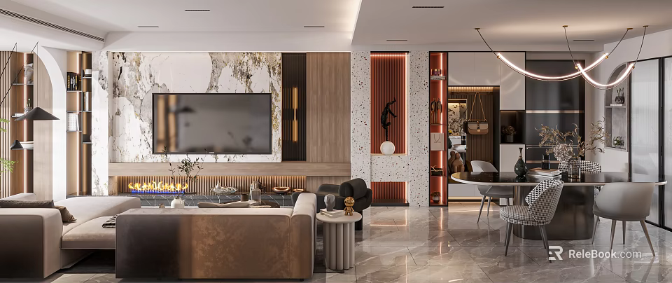 Elegant Modern Living and Dining Room Interior With Sofa TV Wall And Dining Table Decorations 3d model