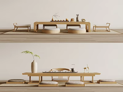 Modern Wooden Tea Table and Chairs with Cushions Tea Set and Plant on Wooden Floor 3d model