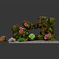 Colorful Tropical Fish Swimming Near Mossy Rock With Red Green Flowers And Coral Decor