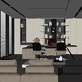 Modern Office Interior Design With Large Windows Sofa Bookshelves Desk And Green Plants