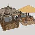 Traditional Wooden Pavilions With Thatch Roof And Yellow Canopy Outdoor Seating Areas