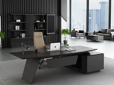 Modern Office Interior With Executive Desk Laptop Bookshelf Sofa And City View 3d model