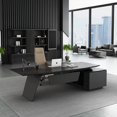Modern Office Interior With Executive Desk Laptop Bookshelf Sofa And City View 3d model