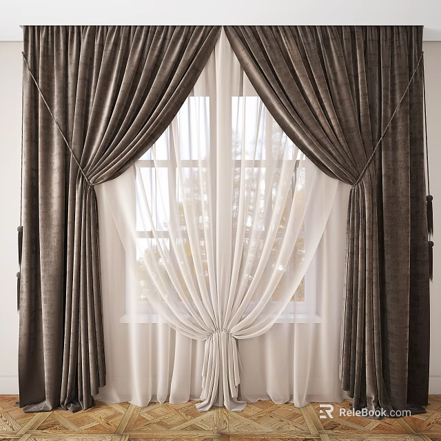 Dark Brown Layered Curtains With White Sheer Panels For Window With Natural Light 3d model 