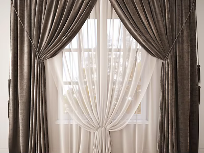 Dark Brown Layered Curtains With White Sheer Panels For Window With Natural Light 3d model