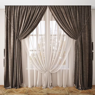 Dark Brown Layered Curtains With White Sheer Panels For Window With Natural Light 3d model
