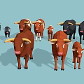 Low Poly Style Cows In Group With Adult And Calf In Brown White Colors