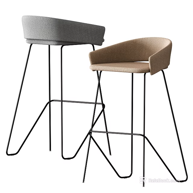Modern Bar Stools with Curved Backrest and Black Metal Frame in Gray and Beige 3d model 
