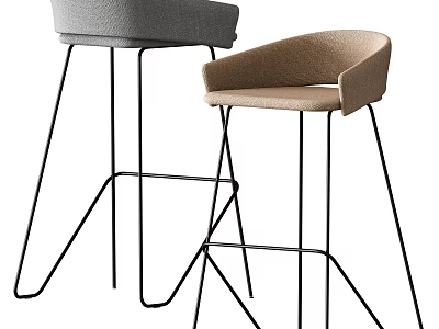 Modern Bar Stools with Curved Backrest and Black Metal Frame in Gray and Beige 3d model