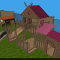 Outdoor Wooden Playground Equipment With Slide Windmill Playhouse Fence On Green Grass