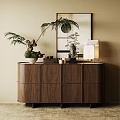 Elegant Wooden Entryway Console Cabinet With Green Plant Ornaments And Decorative Candles