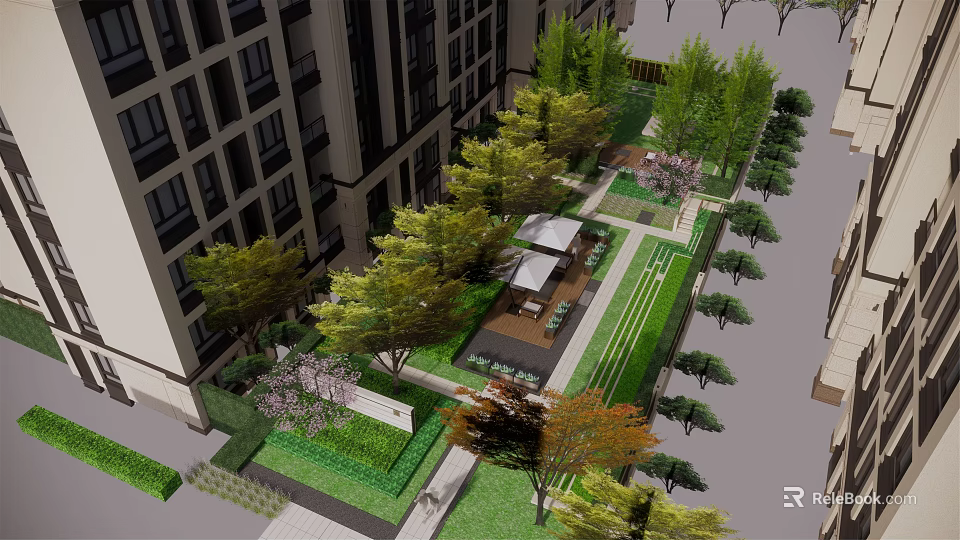 Modern Garden Landscape Design With High Rise Buildings Green Lawns And Trees 3d model 