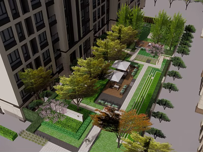 Modern Garden Landscape Design With High Rise Buildings Green Lawns And Trees 3d model