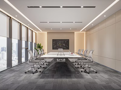 Modern Conference Room With Meeting Table Chairs Large Windows City View TV Screen And Plant 3d model