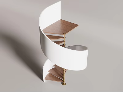 Modern Spiral Staircase With White Railing Wooden Steps And Metallic Frame 3d model