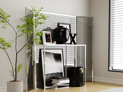 Modern Metal Shelving Unit with Black Vase Photo Frame Books Green Plant and White Wall 3d model