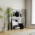 Modern Metal Shelving Unit with Black Vase Photo Frame Books Green Plant and White Wall