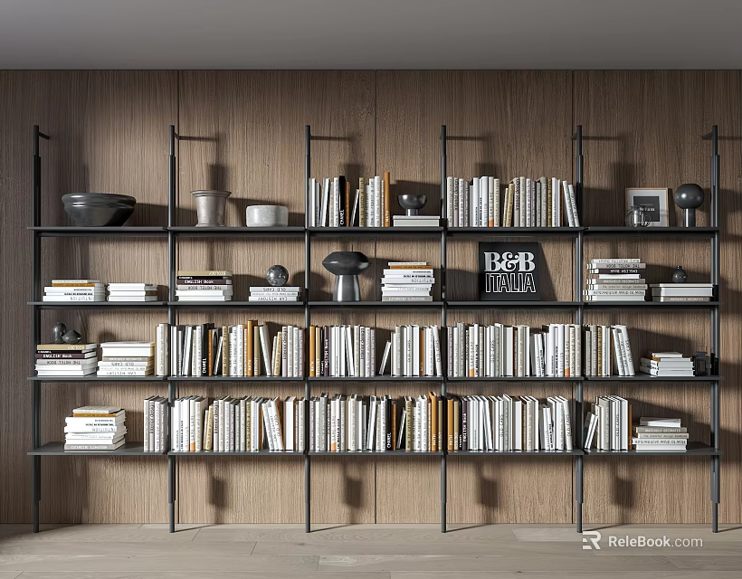 Modern Bookcase With Wooden Wall Background Filled With Books Decorative Bowls Vases And Frames 3d model 