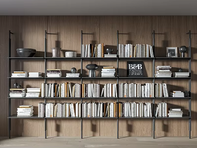 Modern Bookcase With Wooden Wall Background Filled With Books Decorative Bowls Vases And Frames 3d model