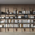 Modern Bookcase With Wooden Wall Background Filled With Books Decorative Bowls Vases And Frames