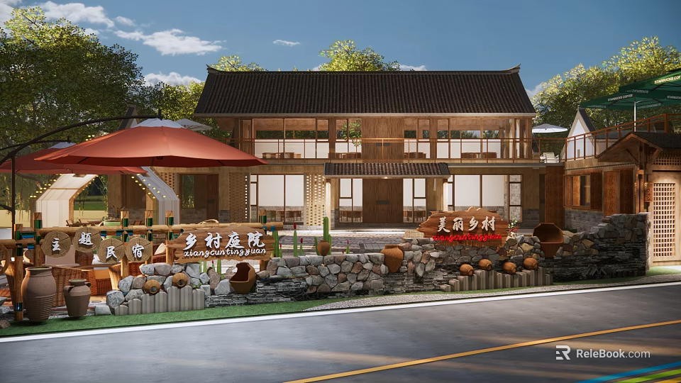 Traditional Countryside Guesthouse With Stone Wall Red Awning And Wooden Structure 3d model 