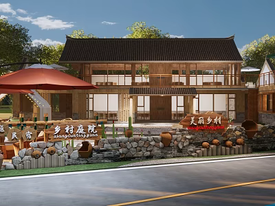Traditional Countryside Guesthouse With Stone Wall Red Awning And Wooden Structure 3d model