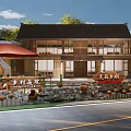 Traditional Countryside Guesthouse With Stone Wall Red Awning And Wooden Structure