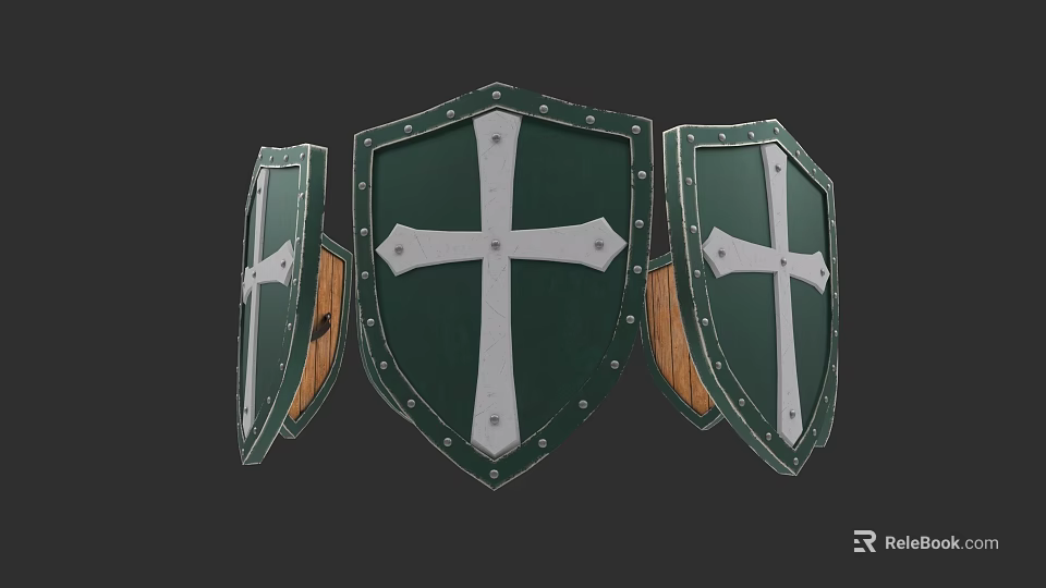 Medieval Green Shields With White Cross Design Metal Rivets And Wooden Back Panels 3d model 
