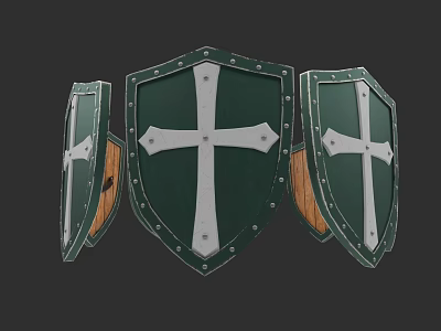 Medieval Green Shields With White Cross Design Metal Rivets And Wooden Back Panels 3d model