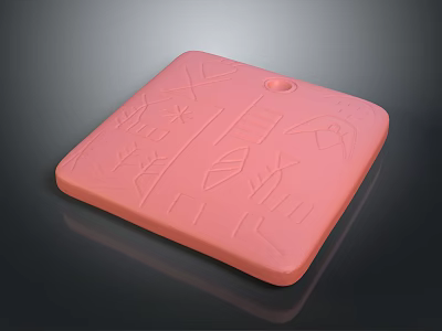 Pink Square Carved Sculpture With Engraved Leaf Motifs And Central Circular Hole 3d model
