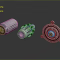 Three Metallic Mechanical Components With Gear Circular Structure And Industrial Design