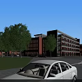 School Building Complex With Red White Facades Green Football Field Track And Lush Trees