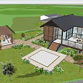 Modern Detached Villa Featuring Black Roof Large Glass Windows and Wooden Terrace on Green Lawn