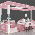 Pink Mall Counter with Beauty Products Display Tables and White Chairs