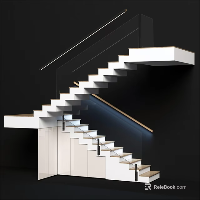 Modern Staircase Interior Design With White Steps Glass Railing And Black Background 3d model 