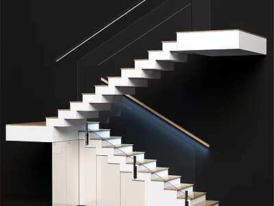 Modern Staircase Interior Design With White Steps Glass Railing And Black Background 3d model