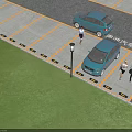 Audi Blue Cars Parked in Parking Lot with Yellow Lines and People Walking