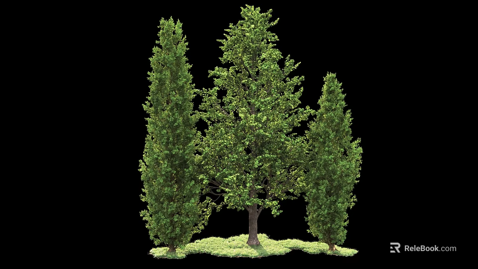 Main Arbor With Lush Foliage Flanked By Two Cypress Trees On Green Grassy Base 3d model 