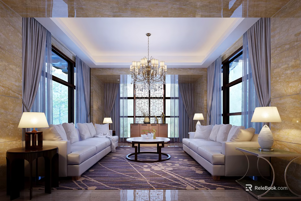 Hotel Public Lounge Area Featuring White Sofas Coffee Table Chandelier Large Windows and Gray Curtains 3d model 