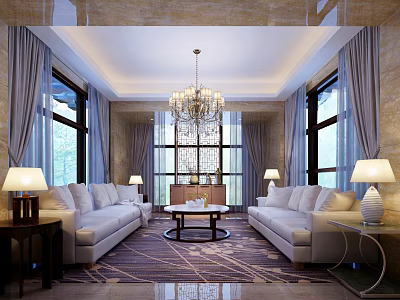 Hotel Public Lounge Area Featuring White Sofas Coffee Table Chandelier Large Windows and Gray Curtains 3d model